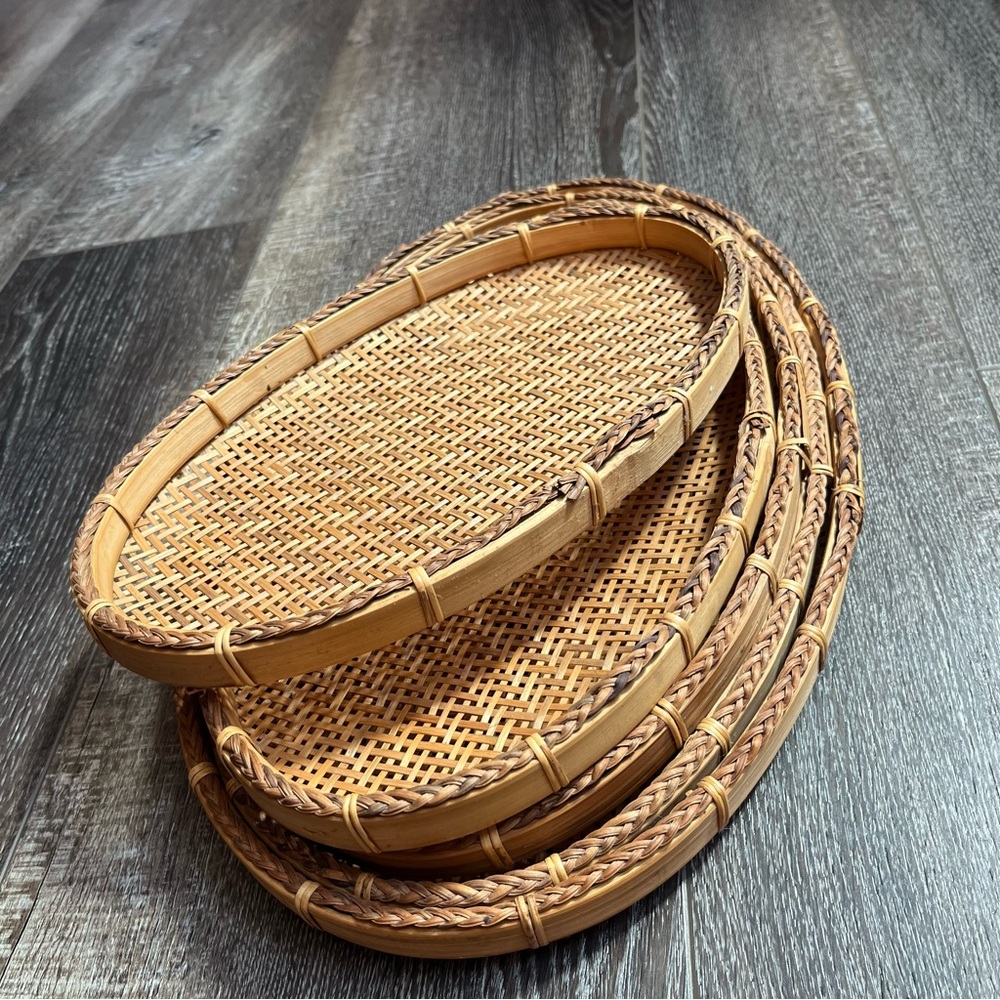 Vintage MCM Woven Bamboo & Rattan Oval Nesting Trays - Set of 
5